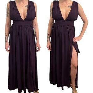 Purple Deep V-Neck Maxi Dress Chiffon Gown with High Side Slit & Rouching Small